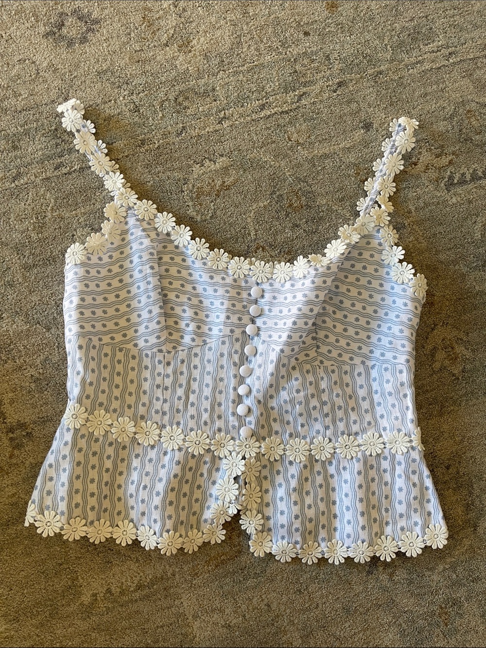 Reformation Blue & White Striped Daisy-Trim Camisole